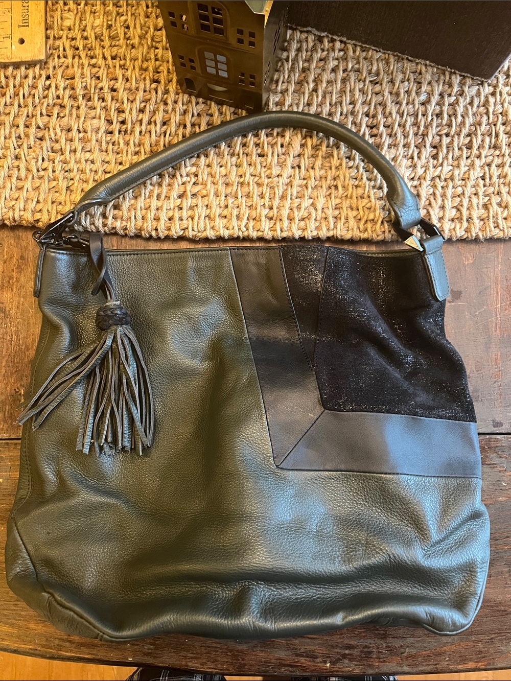 Trina Turk Dark Green and Black Patchwork Leather Shoulder Bag with Tassel